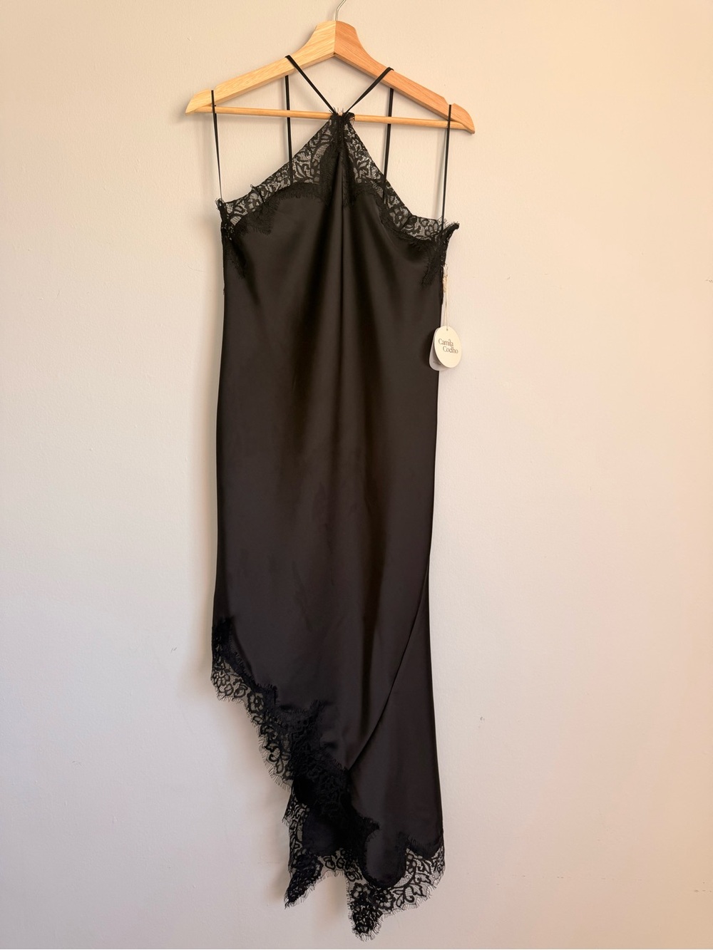 NWT Camila Coelho Revolve Black Satin Asymmetric Halter Slip Dress S